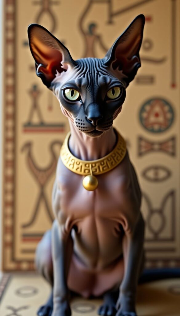 A majestic Sphynx cat wearing a golden collar in an Egyptian-themed setting.