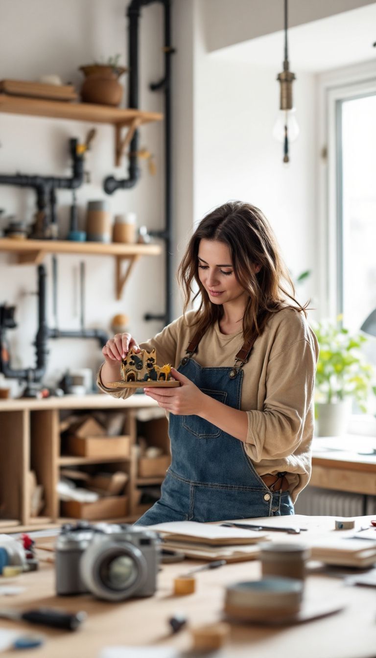 A woman in her 30s assembling a steampunk cat shelving unit.