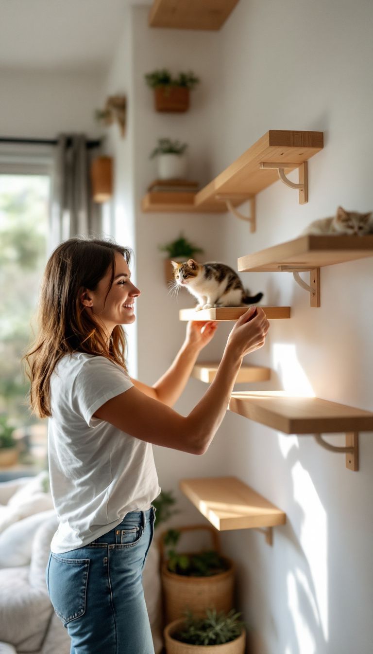 A woman in her 30s assembling a DIY cat path in her living room.