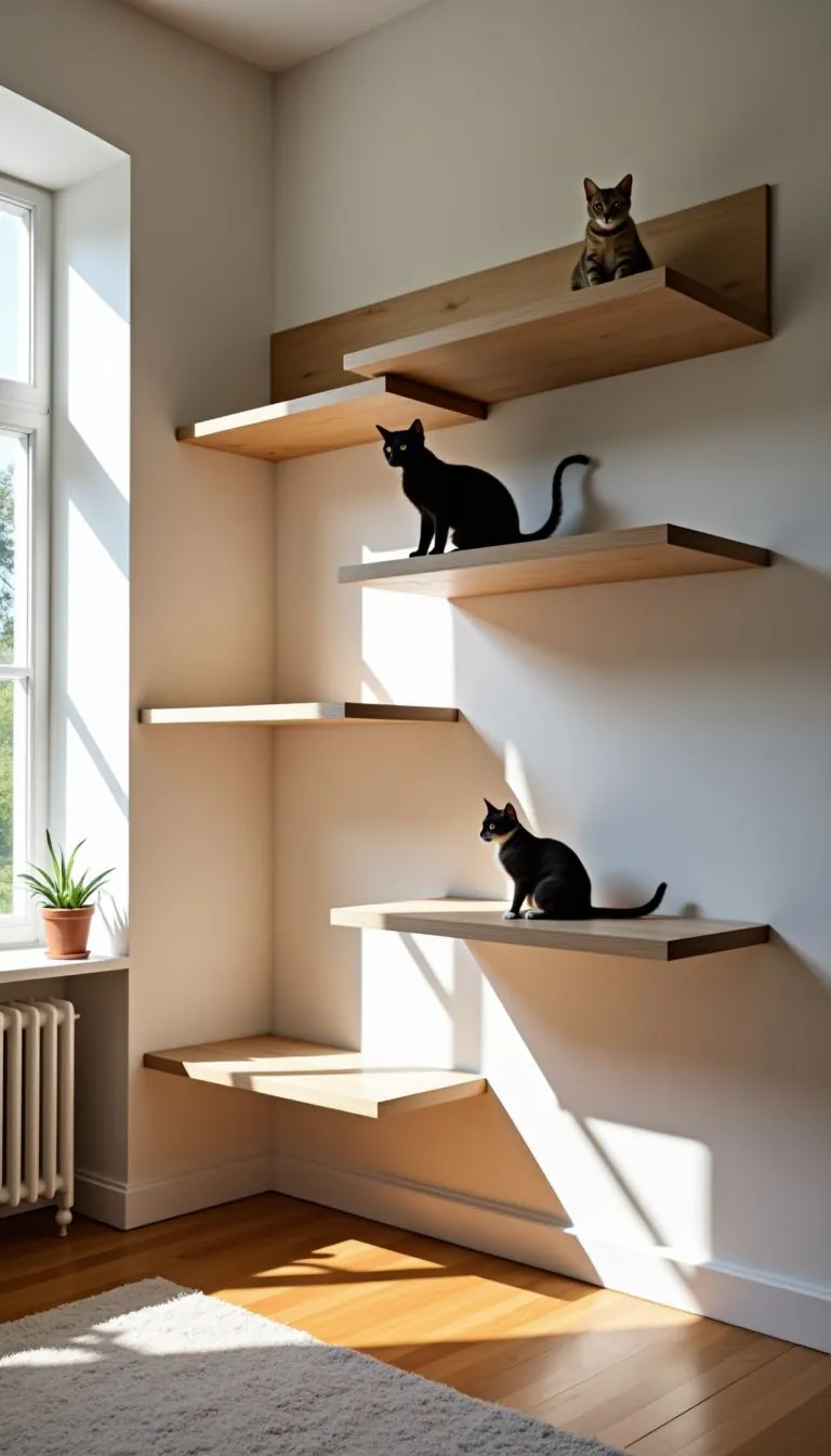 A room with custom cat climbing shelves made from wood.