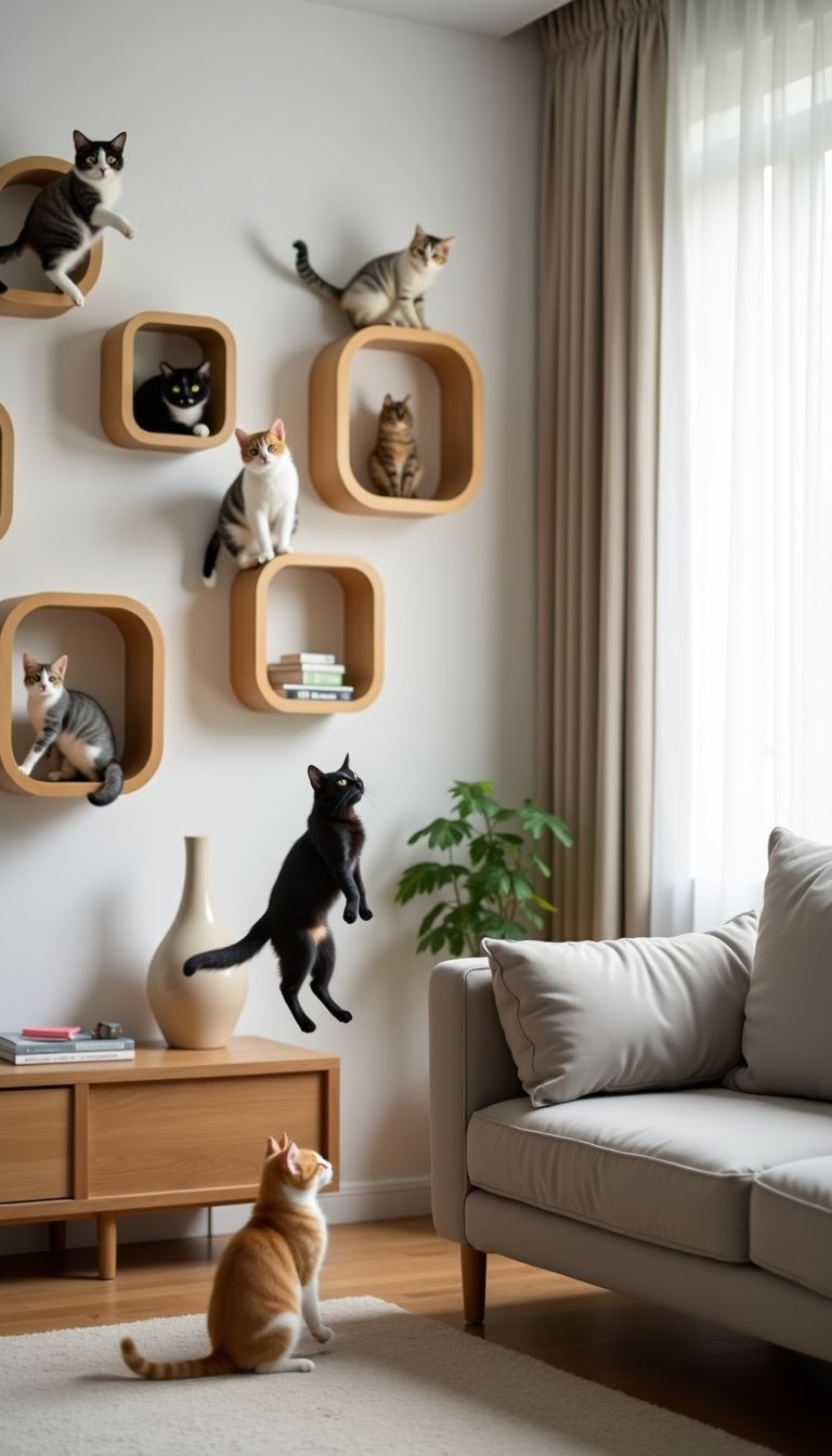 A modern living room with geometric cat wall shelves and playful cats.