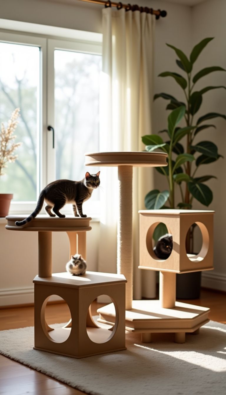 A cozy living room with cat play structures made from non-toxic materials.