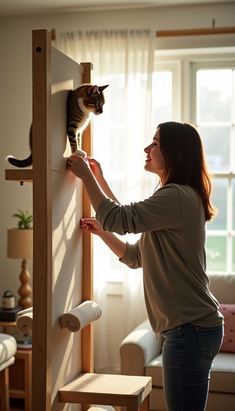 A woman building a DIY cat climbing wall in her living room.