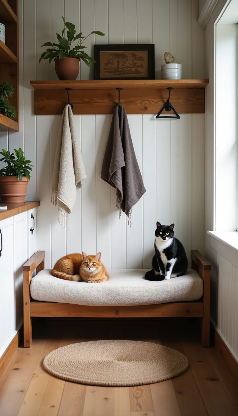 A cozy farmhouse-style play area for cats with rustic accents.
