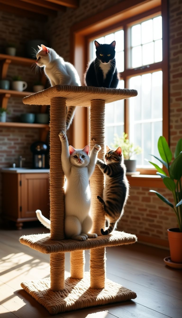 A rustic farmhouse with DIY cat wall and playful cats.