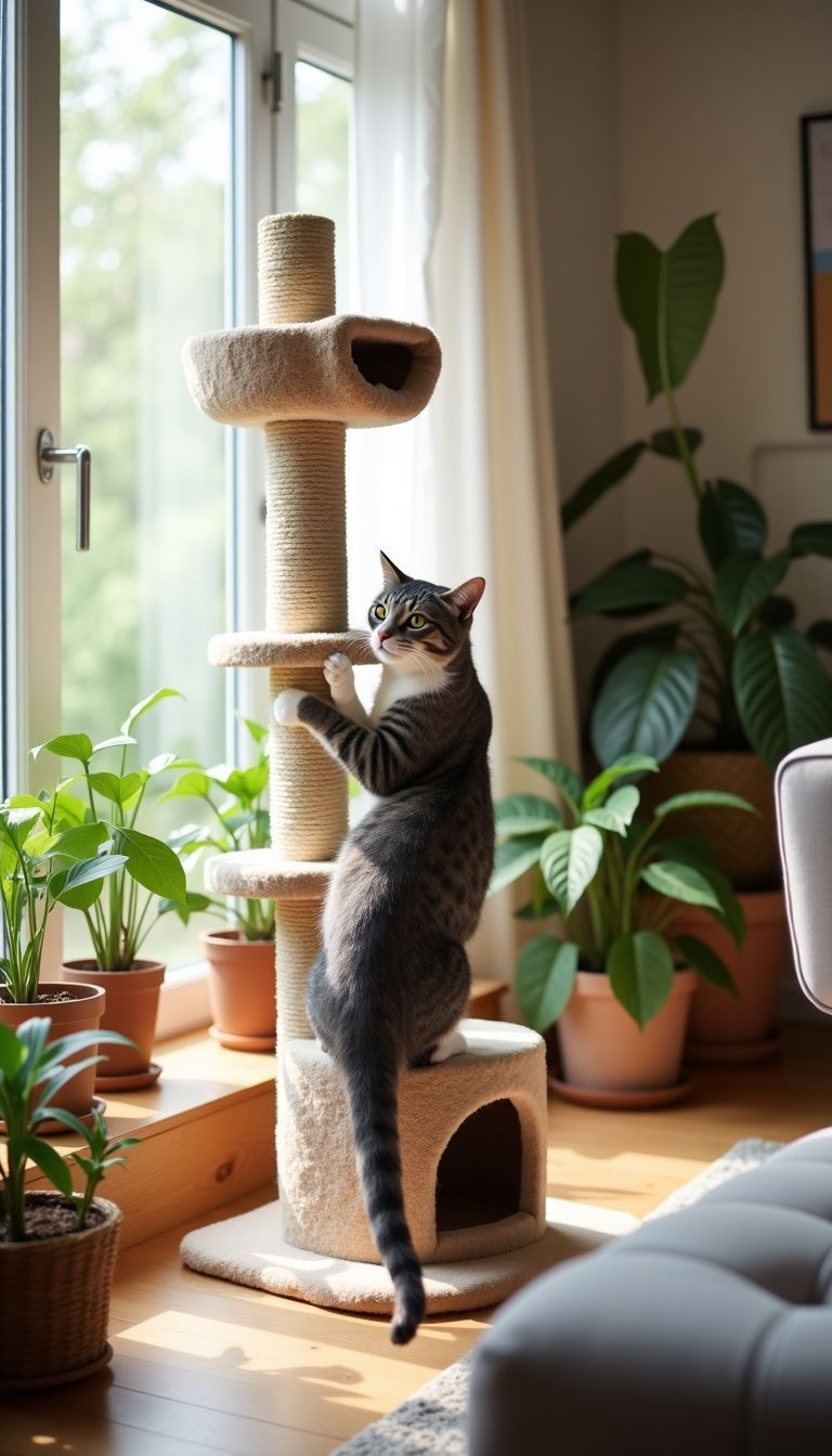 A domestic cat exploring a DIY cat wall in a cozy living room. A domestic cat exploring a DIY cat wall in a cozy living room.