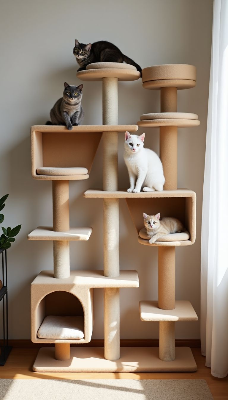 A stylish cat wall with shelves and cozy spots for cats. A stylish cat wall with shelves and cozy spots for cats.