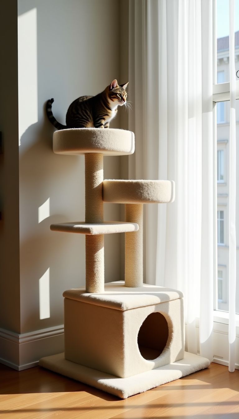 A stable cat tree made of safe materials for scratching and playing. A stable cat tree made of safe materials for scratching and playing.