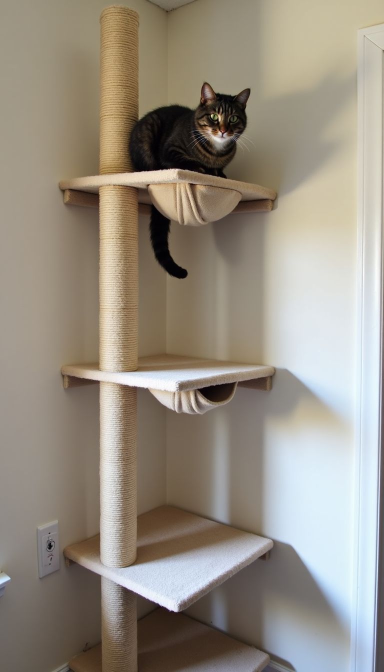 A close-up of a sturdy cat wall installation with shelves and hammocks. A close-up of a sturdy cat wall installation with shelves and hammocks.