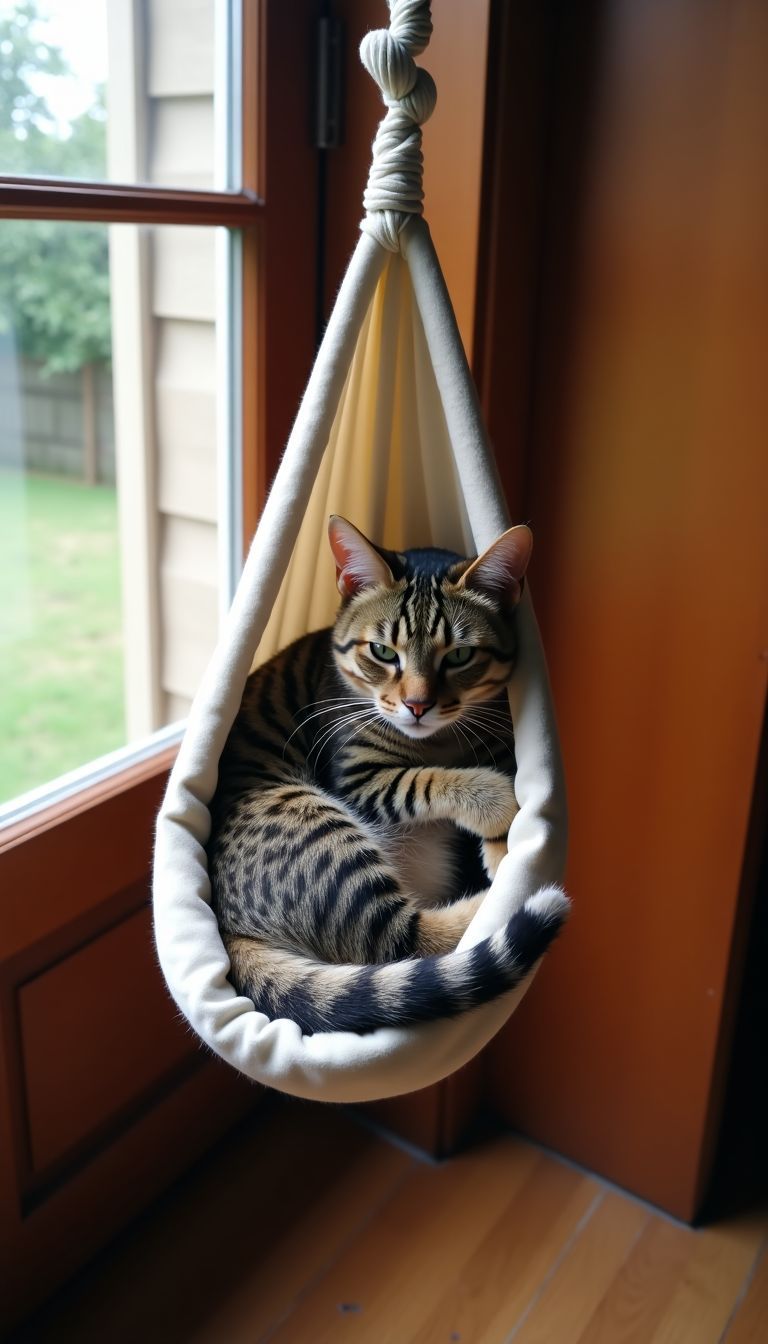 A tabby cat peacefully rests in a hammock above a wooden door. A tabby cat peacefully rests in a hammock above a wooden door.