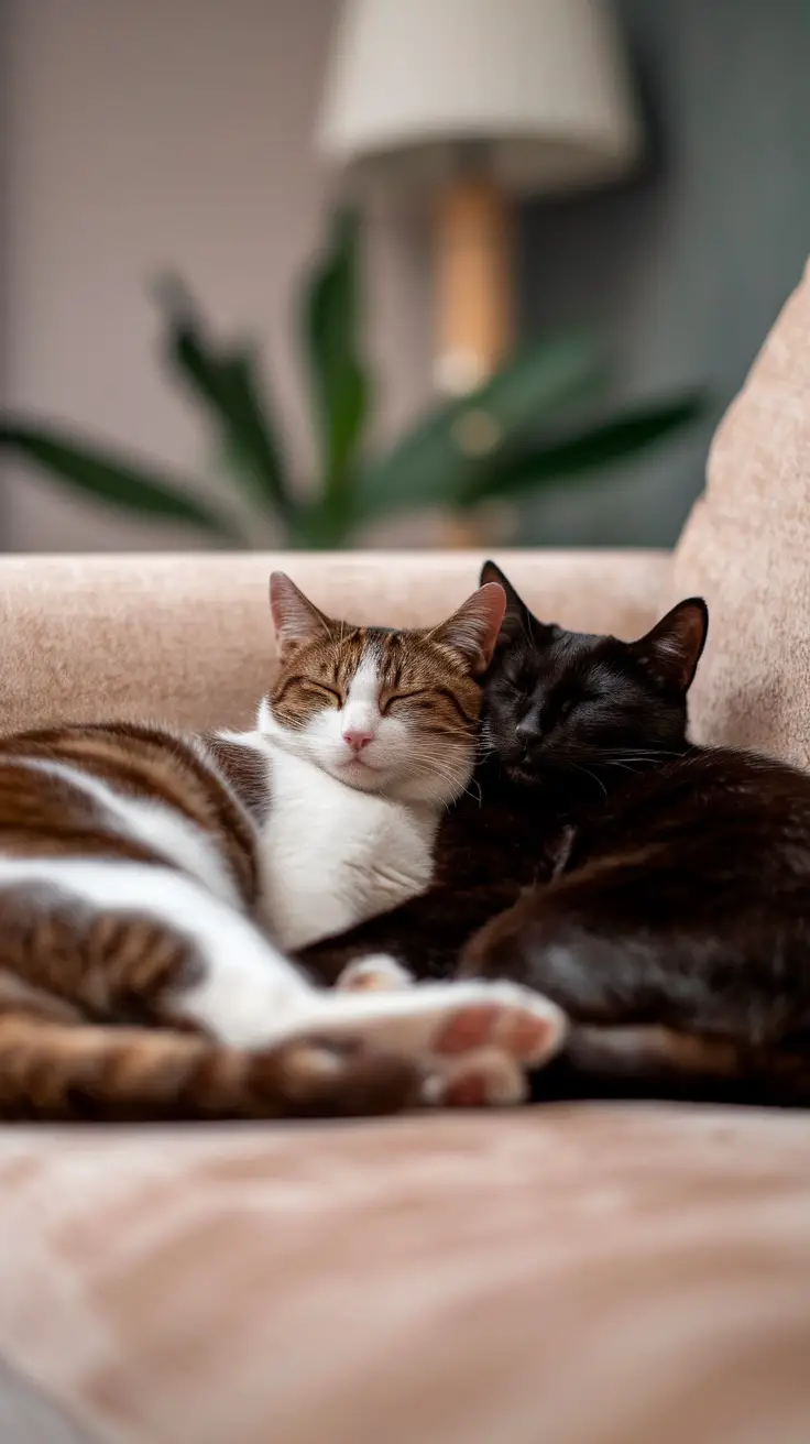 Two cats sleeping together on a couch, showcasing a bond of companionship.