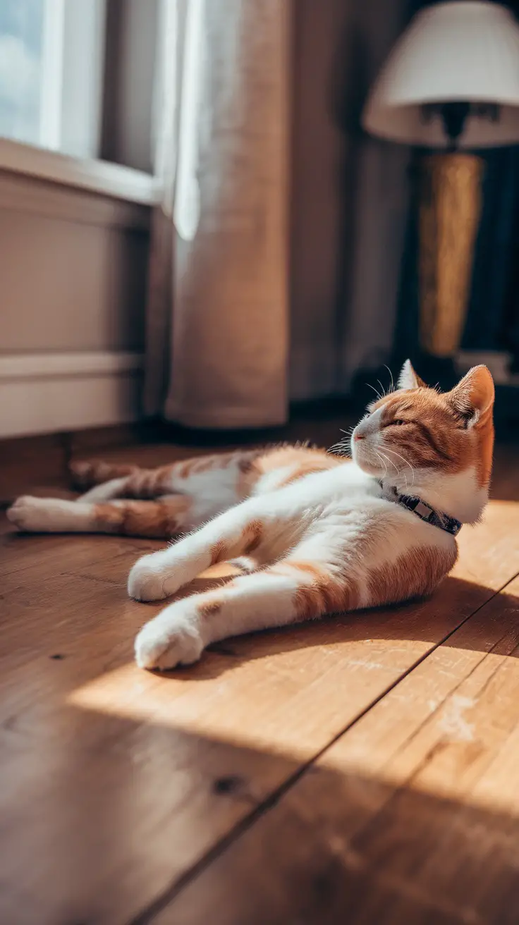 A cat sleeping stretched out on its side in a sunlit room.