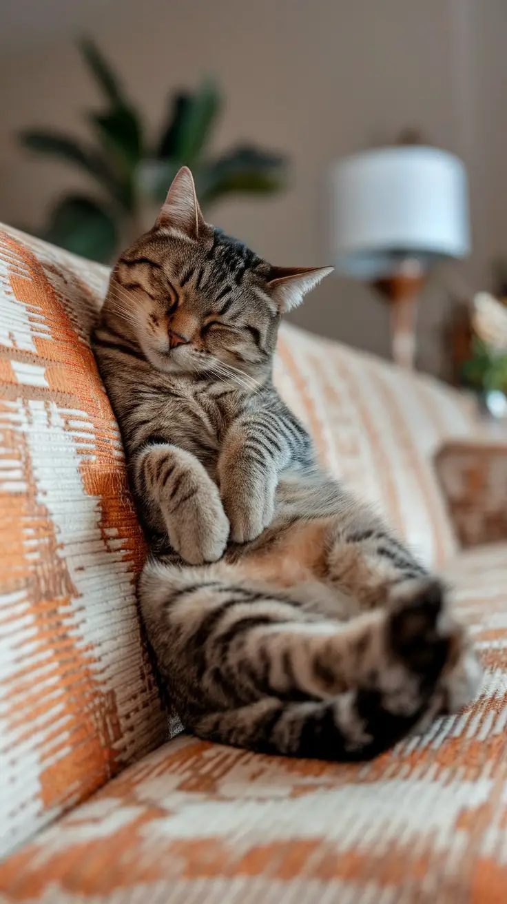 A cat sleeping halfway off a couch, looking comfortable and relaxed.