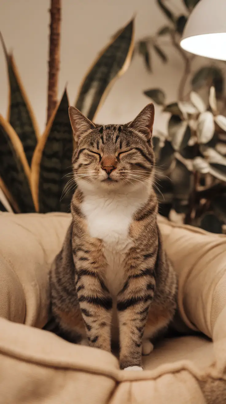 A cat sitting upright in a cozy bed, looking relaxed and content.