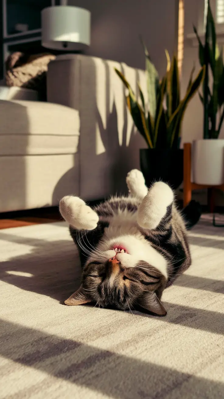 A cat sleeping on its back with paws in the air, relaxed and comfortable in a cozy living room setting.
