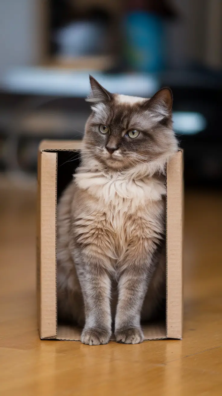 A cat sitting comfortably in a cardboard box