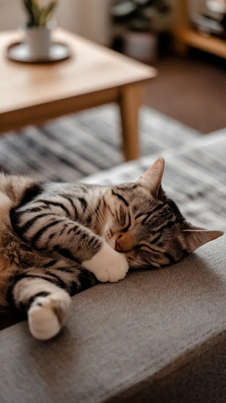 A sleeping cat with its paw over its face, looking cozy and relaxed.