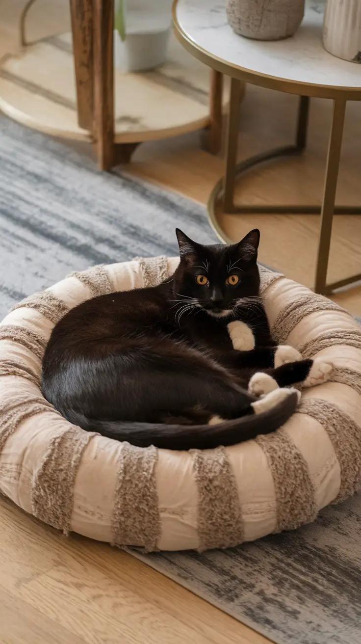 A black and white cat curled up in a cozy bed, looking content and relaxed.
