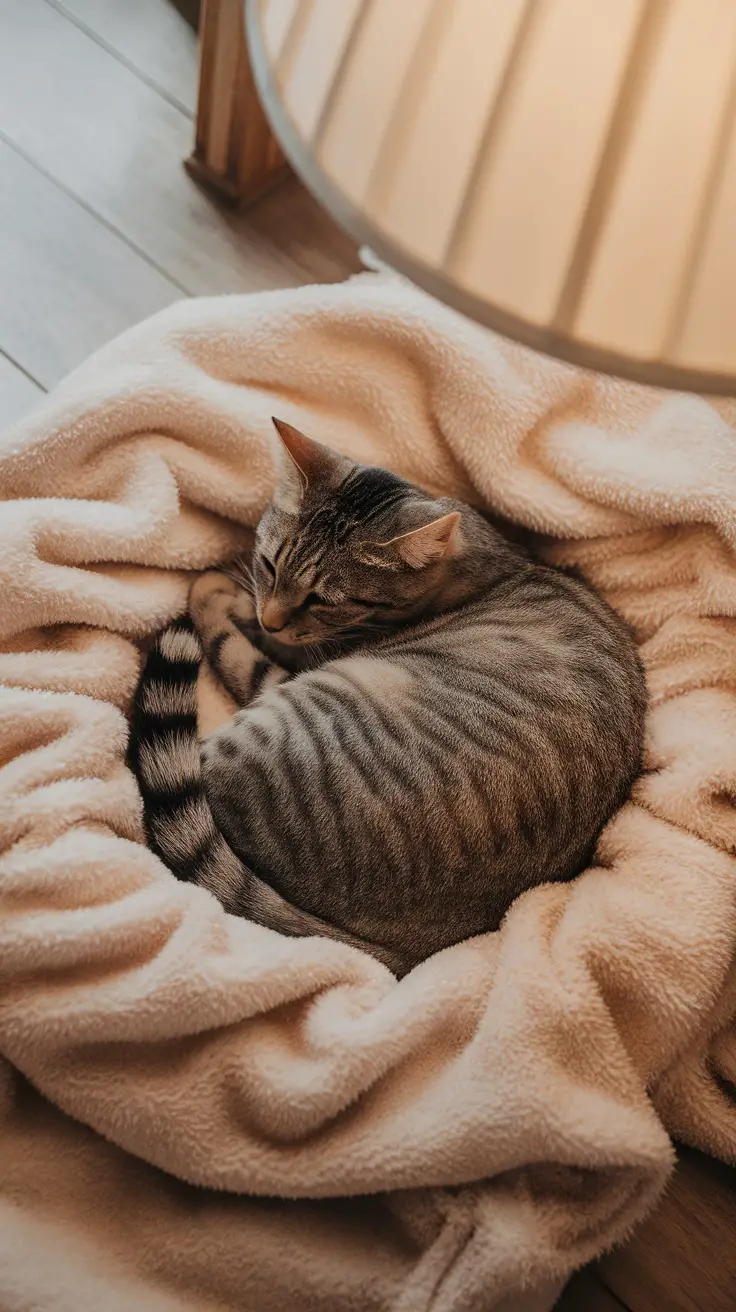 A cozy cat sleeping curled up in a fluffy blanket.