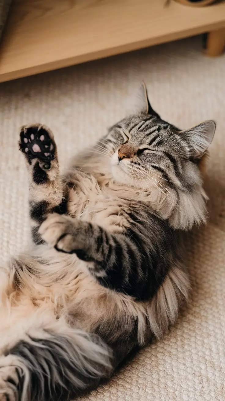 A cat sleeping on its back with one paw raised in the air.