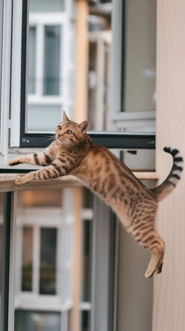 A cat stretching out as it attempts to leap from a window ledge.