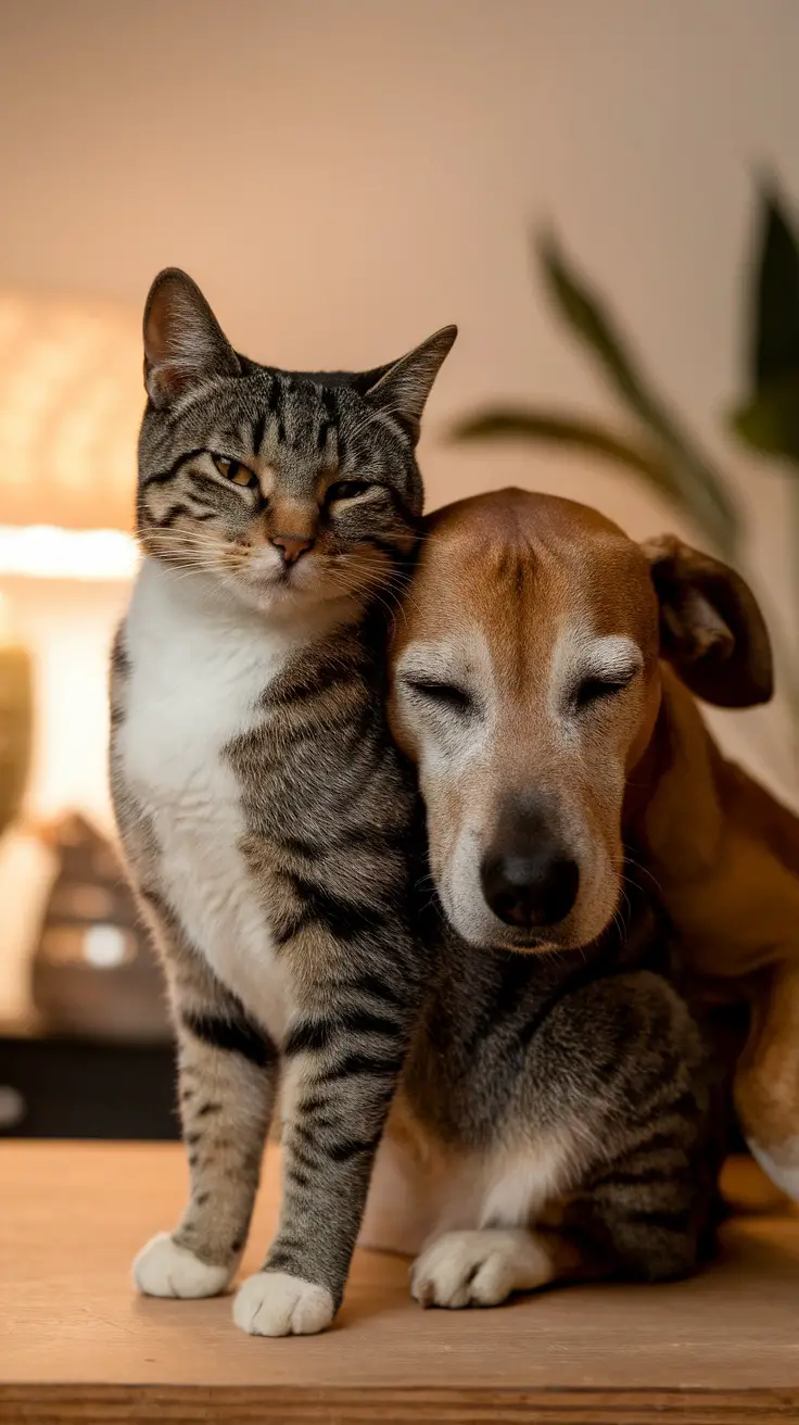 A cat and a dog cuddling together, showcasing their friendship in a cozy setting.