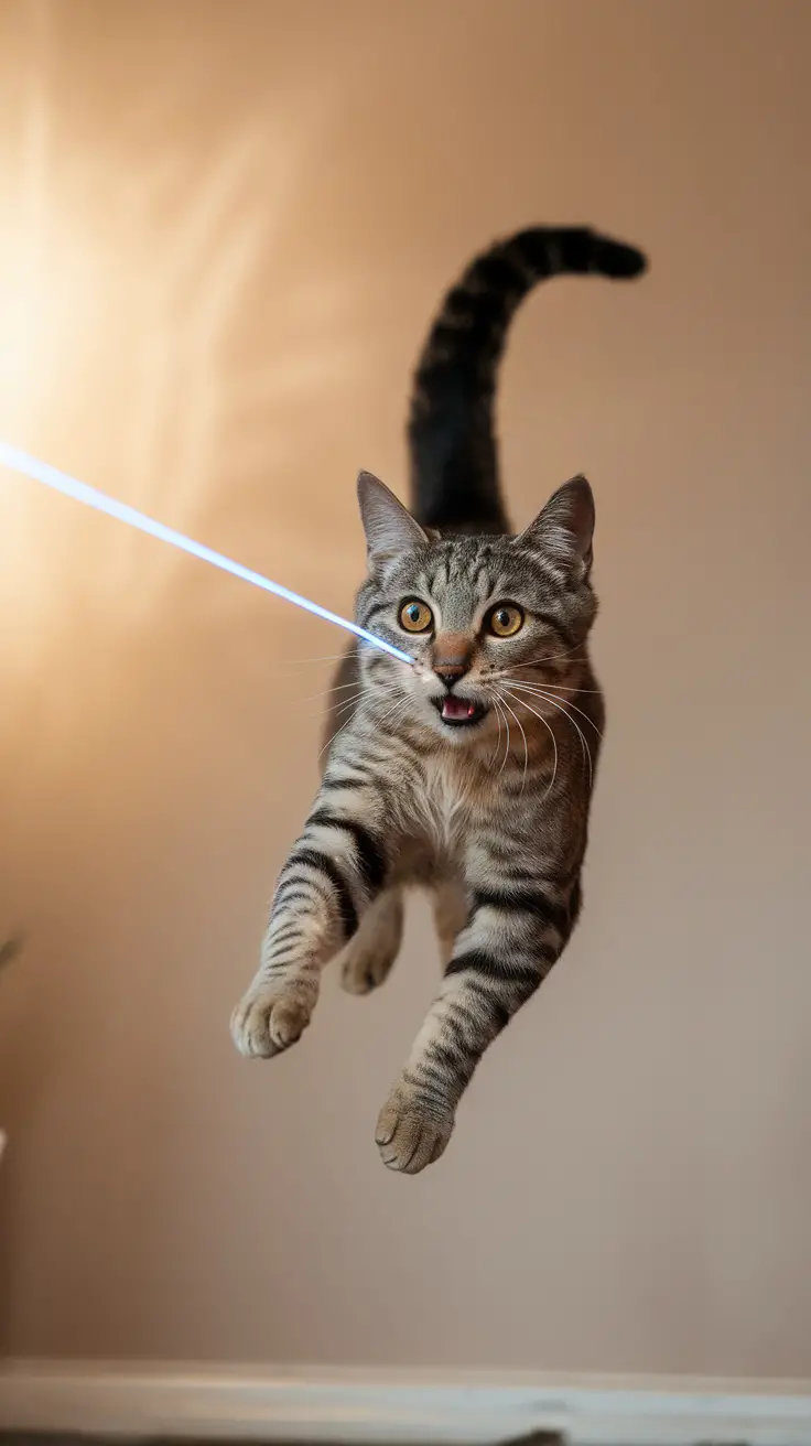 A playful cat jumping in pursuit of a laser pointer light.