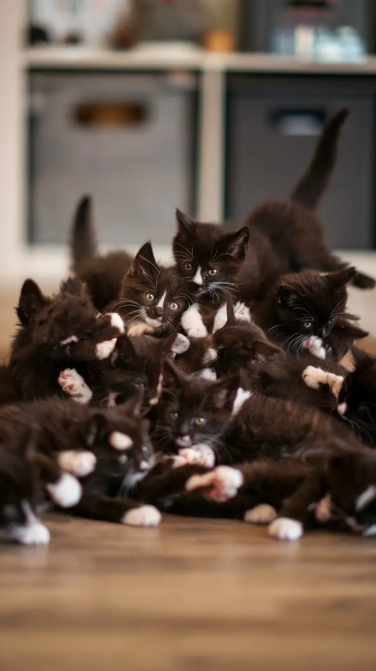 A playful pile of tiny kittens with various expressions, embodying pure cuteness.