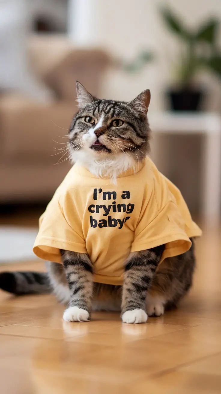 A cat wearing a t-shirt that says 'I'm a crying baby' with a confused expression.