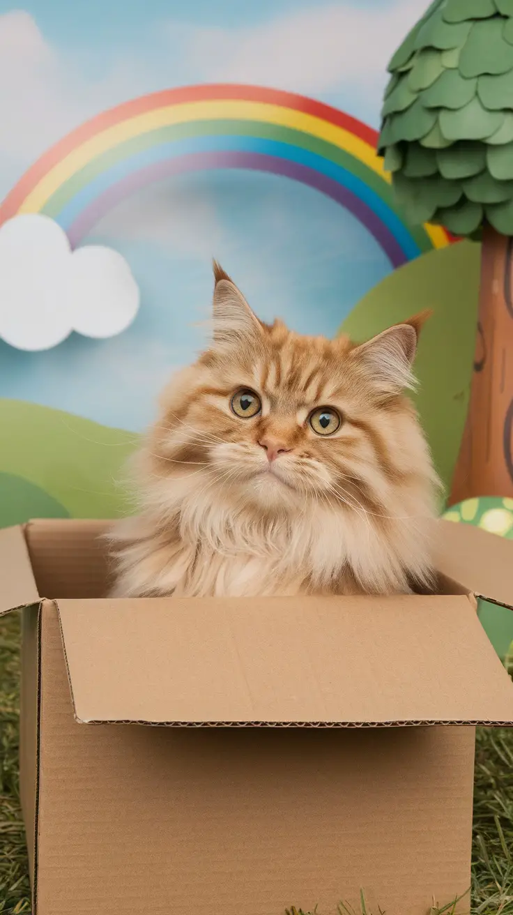 A fluffy cat sitting in a box with a colorful rainbow in the background.