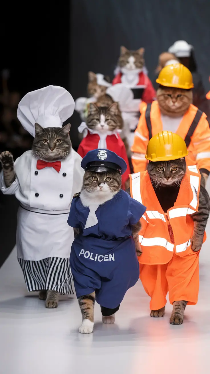 Cats in costumes walking down a runway, showcasing various outfits like a chef, police, and construction worker.