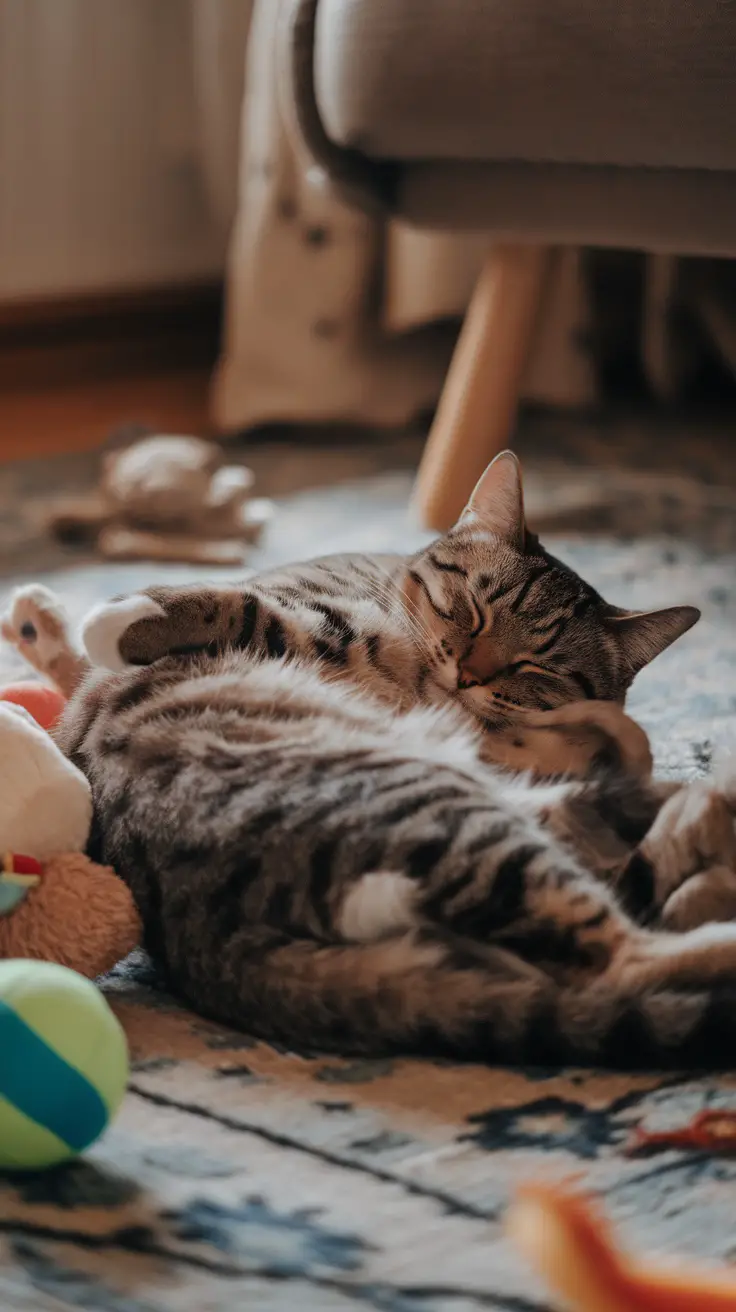 A cat sleeping in a funny position surrounded by toys
