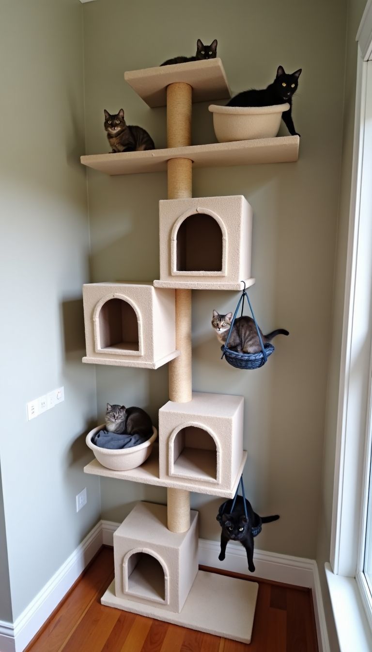 A DIY cat wall tree with steps, scratching posts, and resting spots.