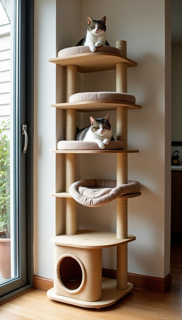 A cat wall tree with shelves, steps, and hammocks for indoor use.