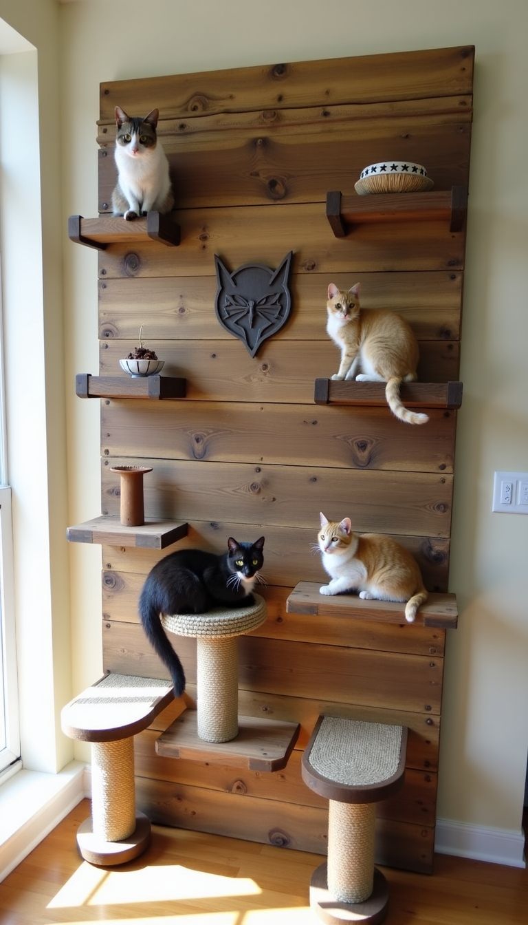 A rustic DIY cat wall with wooden shelves and sisal scratching posts.