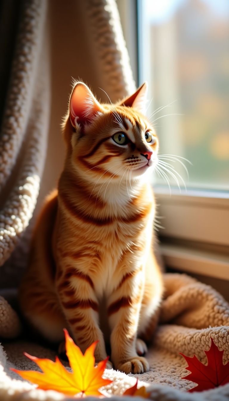 A cozy cat wall with autumn leaves and a soft blanket.