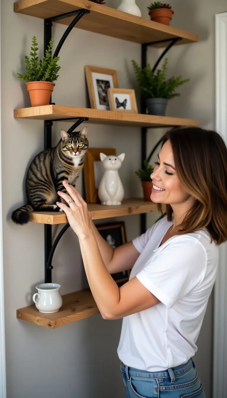A woman arranges handmade wooden shelves for her cat-themed decor.