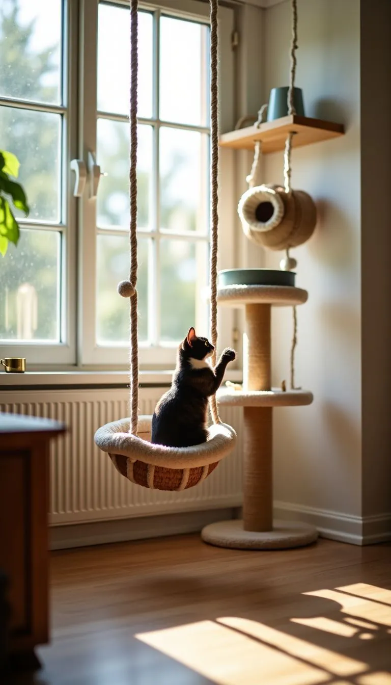 A cozy living room corner with cat play area and feeding station.