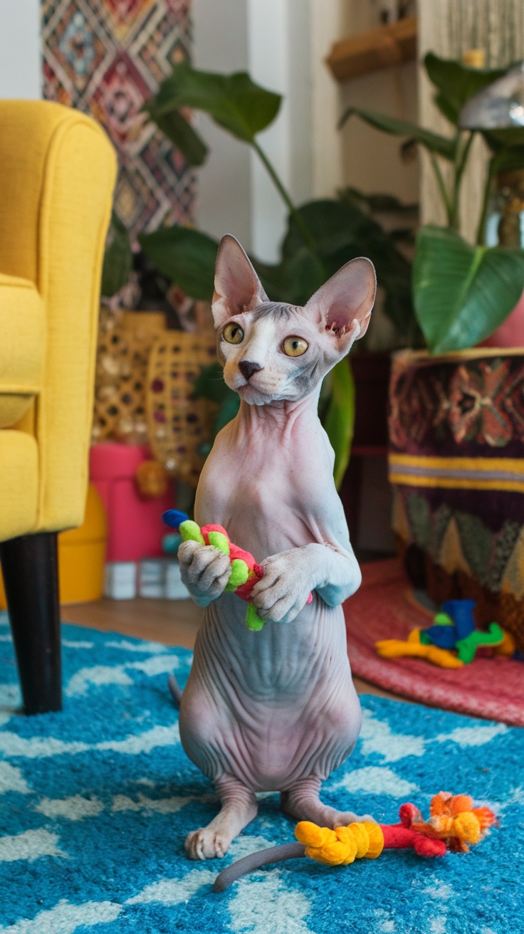 A cute Sphynx cat standing upright and holding colorful toys in a cozy setting