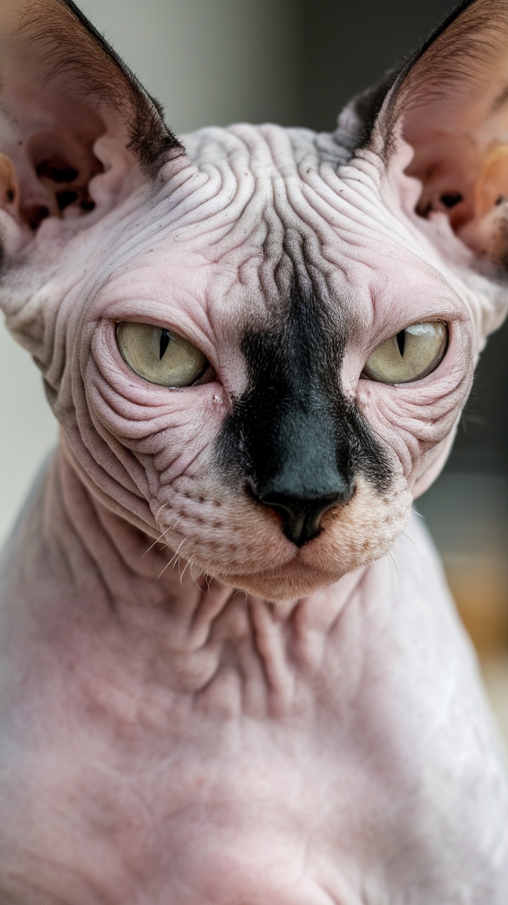 Close-up of a Sphynx cat with distinctive wrinkles and large eyes.