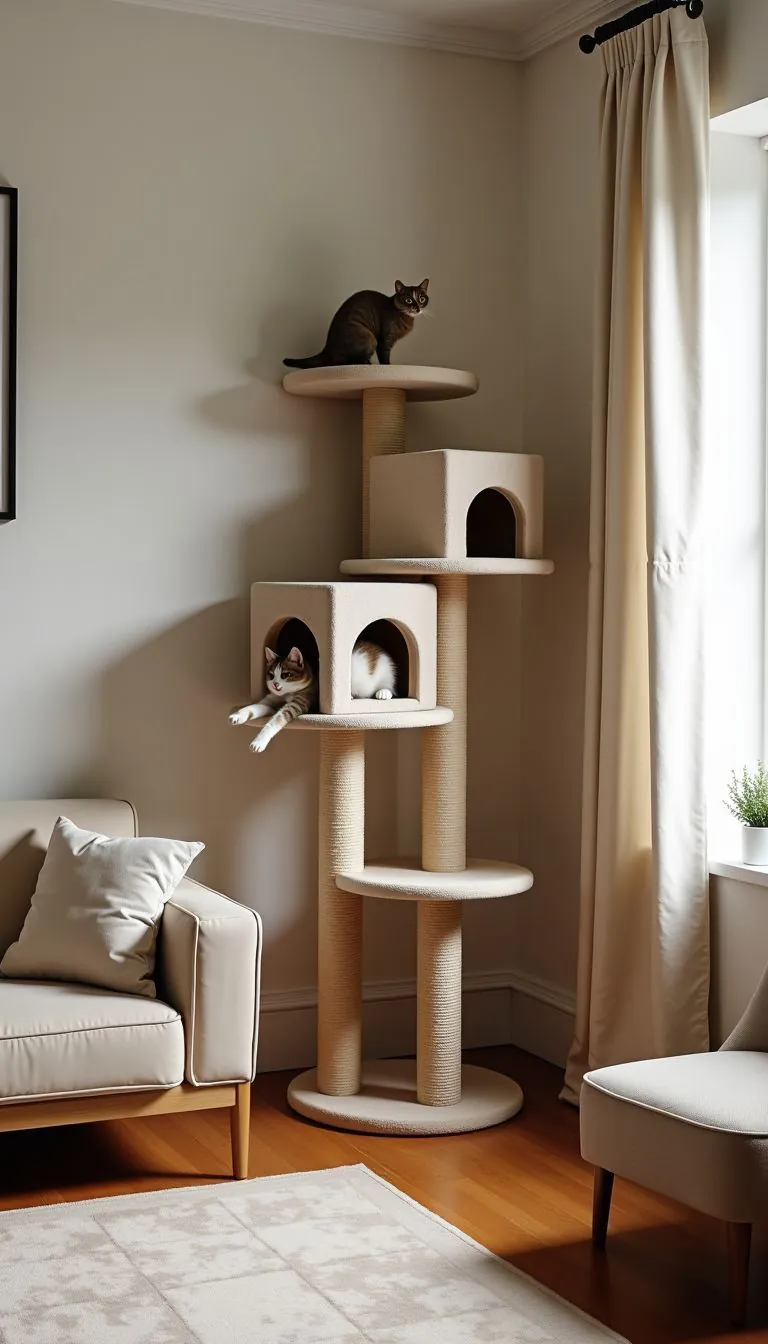 A cozy living room with a cat climbing wall for feline enjoyment.