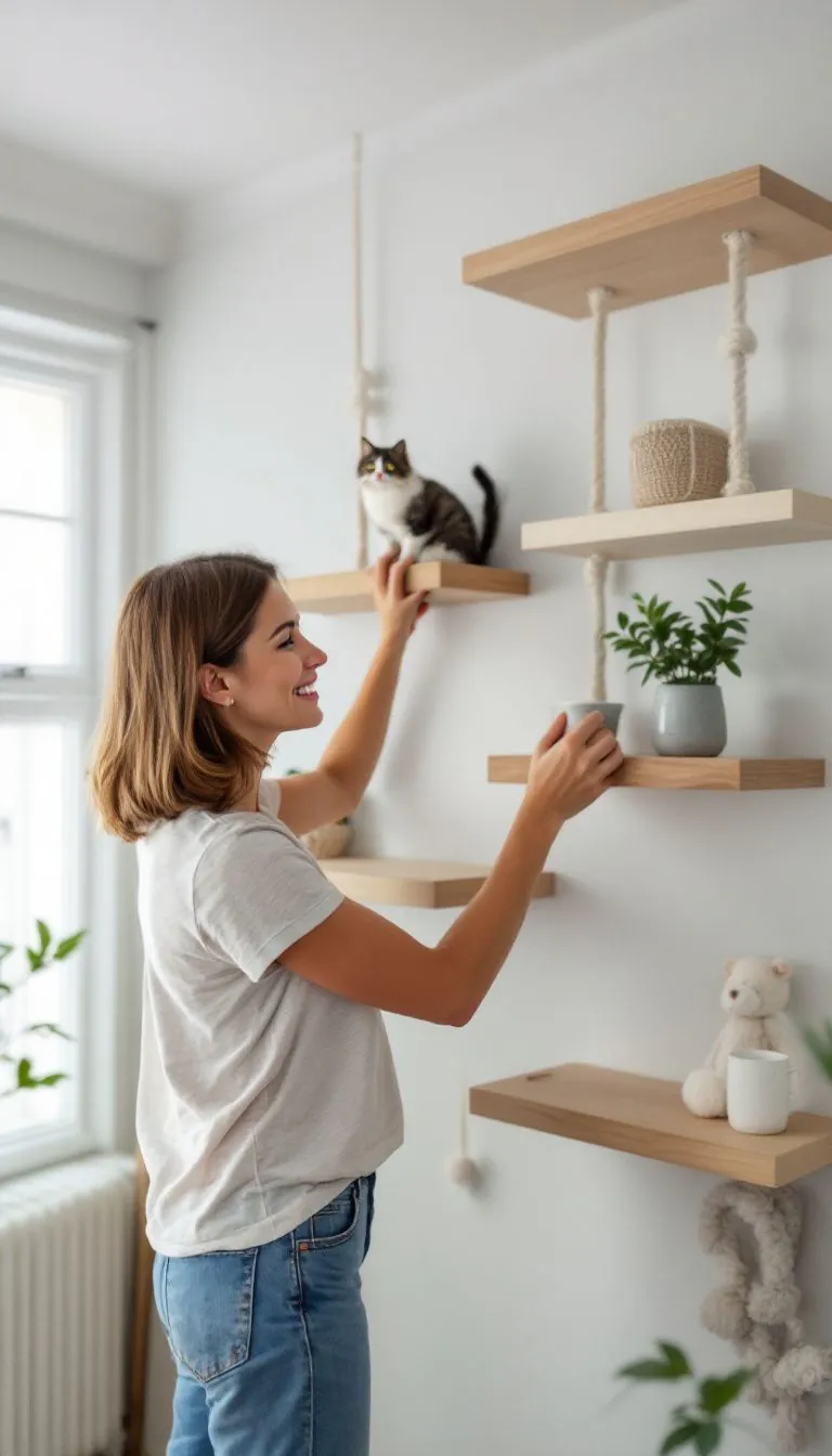 A woman in her 30s installing a cat climbing wall at home.