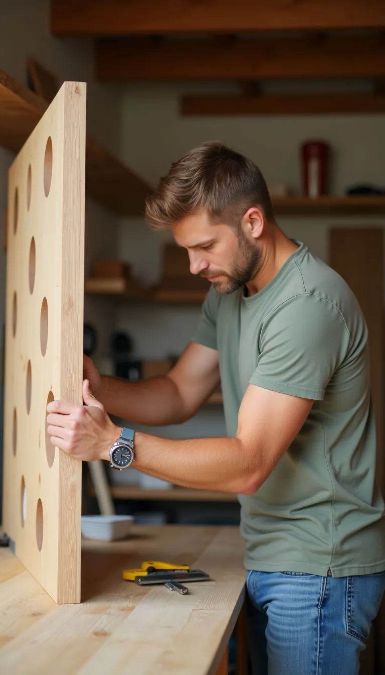 A man in his 30s building a cat climbing wall in a workshop.