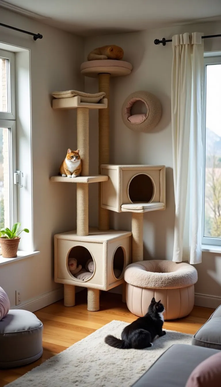 A cozy living room with a DIY cat climbing wall and toys.