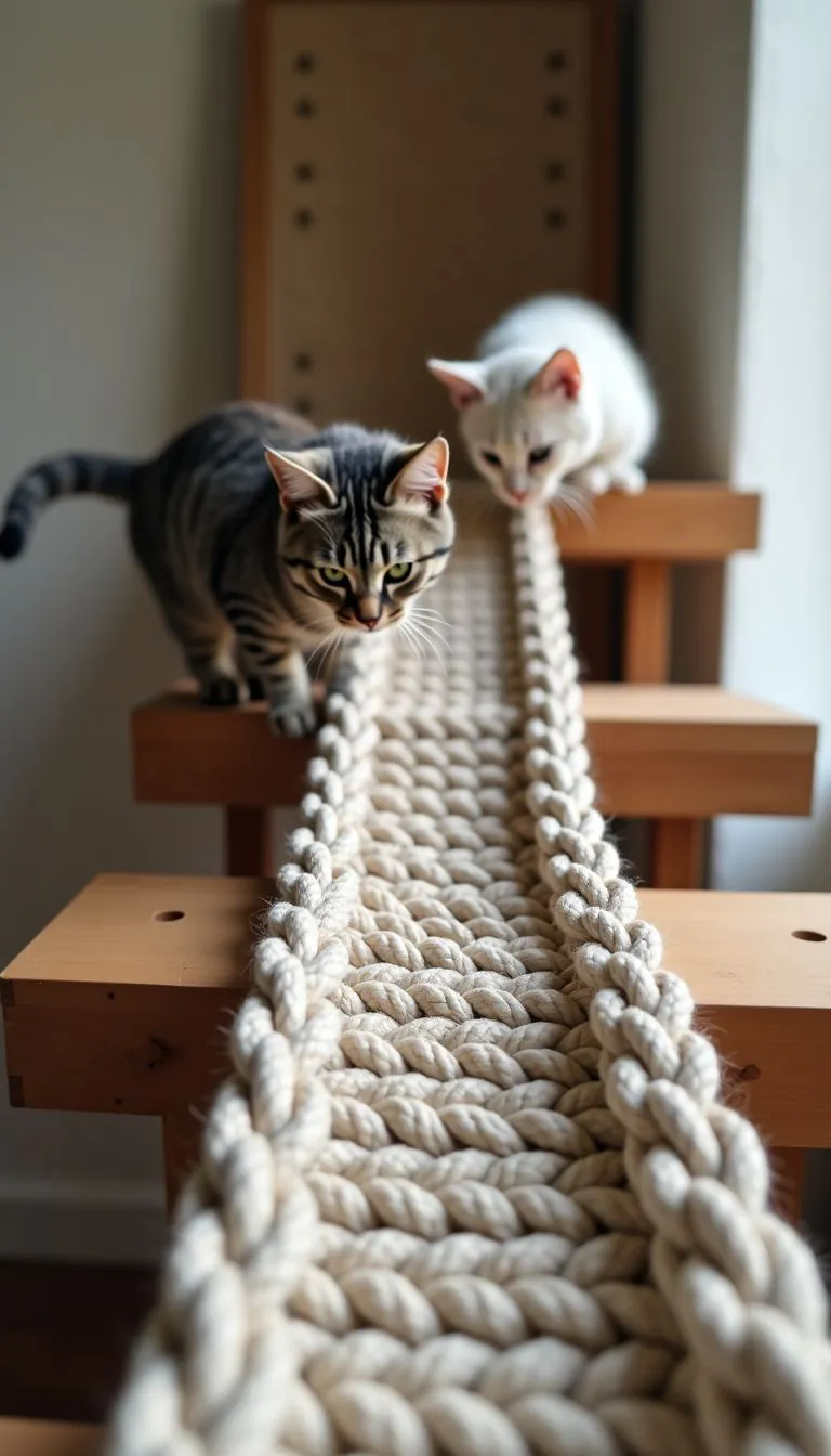 Photo of a paracord rope bridge on a cat climbing wall.