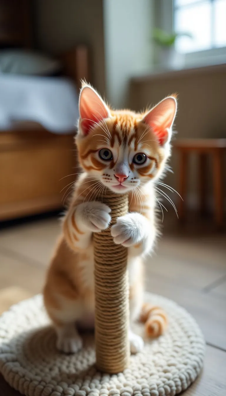 A young cat playing with a sisal rope scratch pole in a cozy room with soft beds and high perches.