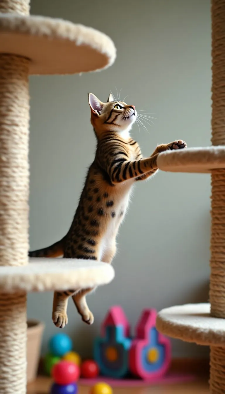 A cat playfully leaps between shelves on a multi-level cat wall.