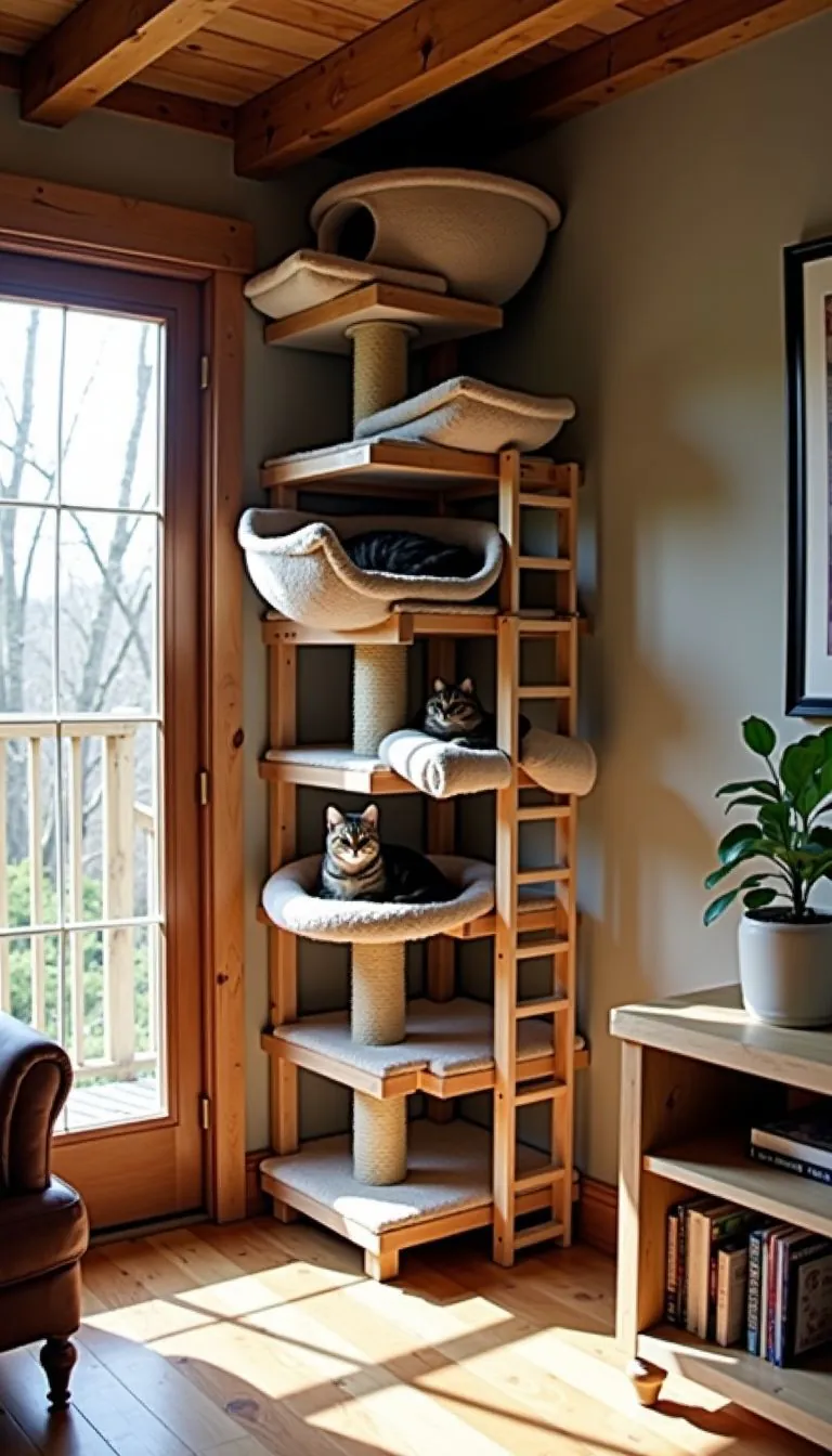 A cozy living room with a DIY cat wall for play.