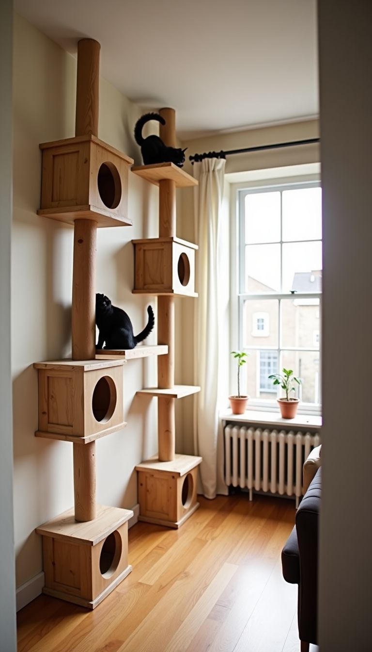 A DIY cat wall installation with sturdy shelves and platforms for jumping.
