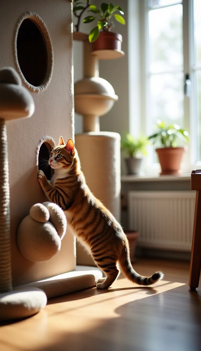 A domestic cat explores a cozy living room with a cat adventure wall.